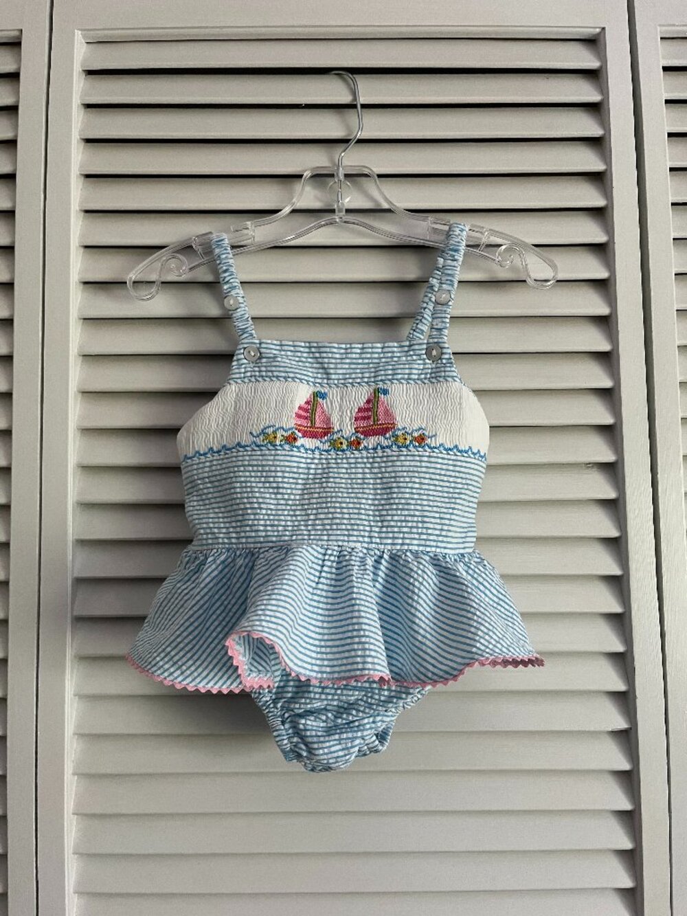 Southern Sunshine Kids smocked sailboat bathing suit romper girl’s size 9 months